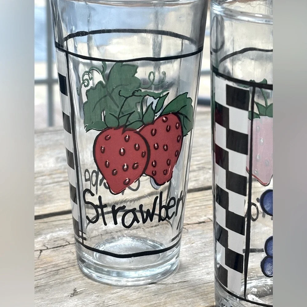 4 Vintage KIG Checkerboard Fruit Glasses. Numbered | Grape | Strawberry | Fruit